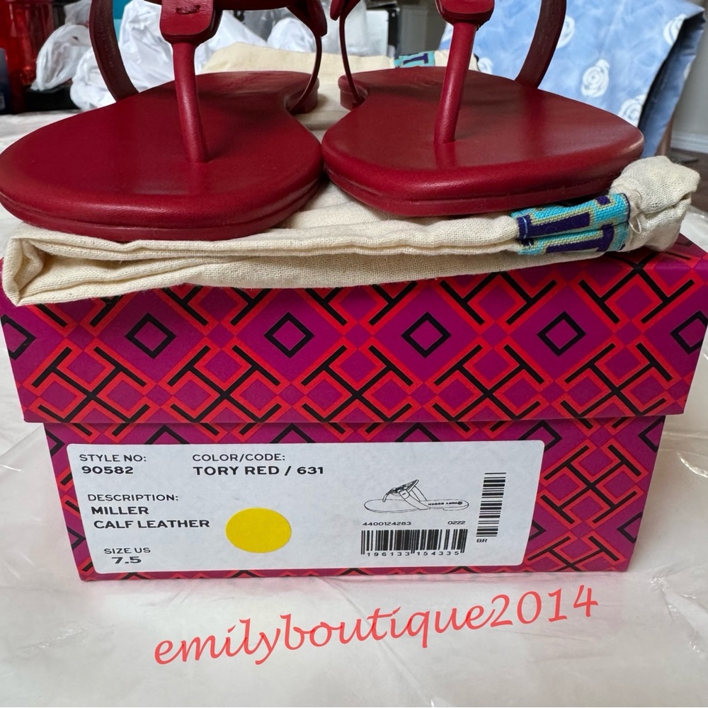 NIB Tory Burch Miller Size 7.5 Tory Red Calf Leather Sandals 90582 - Picture 10 of 10